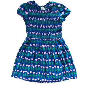 Hanna Andersson Tulips Print Floral Cotton Dress Size 8 Girls Blue Pink Green
